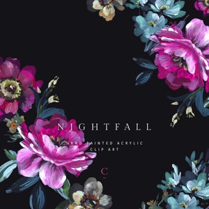 May include: Hand-painted floral clip art with pink, purple, and blue flowers on a black background. The text "NIGHTFALL" and "HAND PAINTED ACRYLIC CLIP ART" is included in the image.