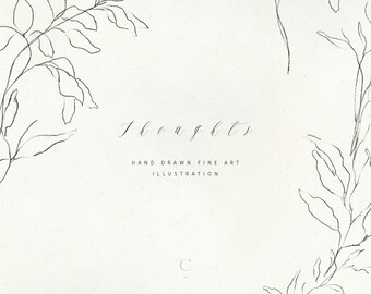 May include: A hand-drawn illustration of leafy branches with the word "Thoughts" written in cursive script. The text "Hand Drawn Fine Art Illustration" is also included below the word "Thoughts".