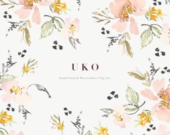 Uko | Hand-Painted Flower Watercolour Clip Art | Ajisai (Hydrangeas) | Ume (Apricot) Blossom | Cryptotaenia Japonica Leaves | Create the Cut