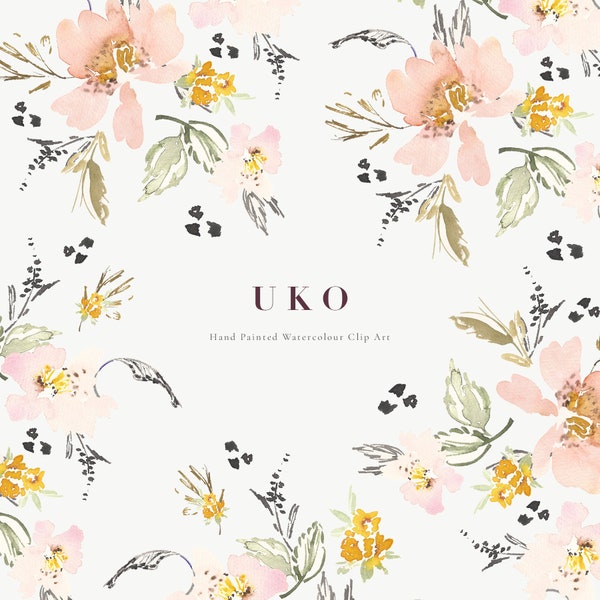 Uko | Aquarelle de fleur peinte à la main Clip Art | Ajisai (Hortensias) | Ume (Abricot) Fleur | Cryptotaenia Japonica laisse | Créer la coupe