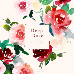 Op de afbeelding: Waterverf schilderij van een boeket van dieprode, roze en witte rozen met groene bladeren. De tekst "Deep Rose" staat in het midden van de afbeelding met de tekst "Hand Painted Watercolor Clip Art" eronder.
