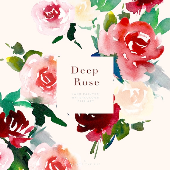 Deep Rose | Hand-Painted Watercolour Flower Abstract Clip Art | Roses in Rouge & Amethyst | Abstract Leaves | Create the Cut