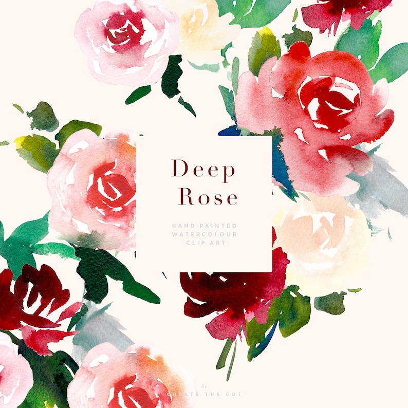 Op de afbeelding: Waterverf schilderij van een boeket van dieprode, roze en witte rozen met groene bladeren. De tekst "Deep Rose" staat in het midden van de afbeelding met de tekst "Hand Painted Watercolor Clip Art" eronder.