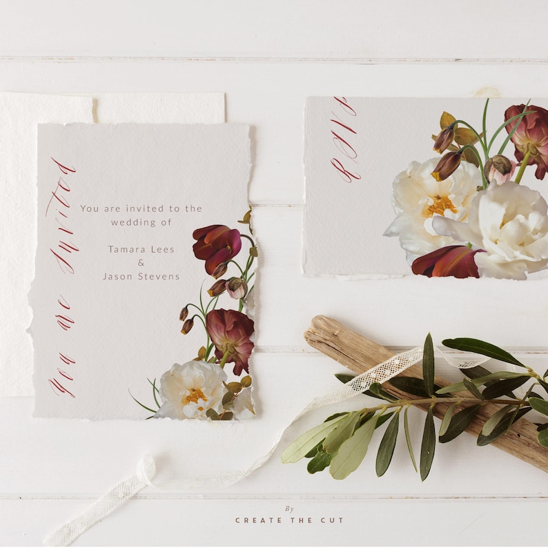 May include: Wedding invitation with a floral design. The invitation is printed on textured paper and features a white rose, burgundy flowers, and green leaves. The text reads "You are invited to the wedding of Tamara Lees & Jason Stevens".