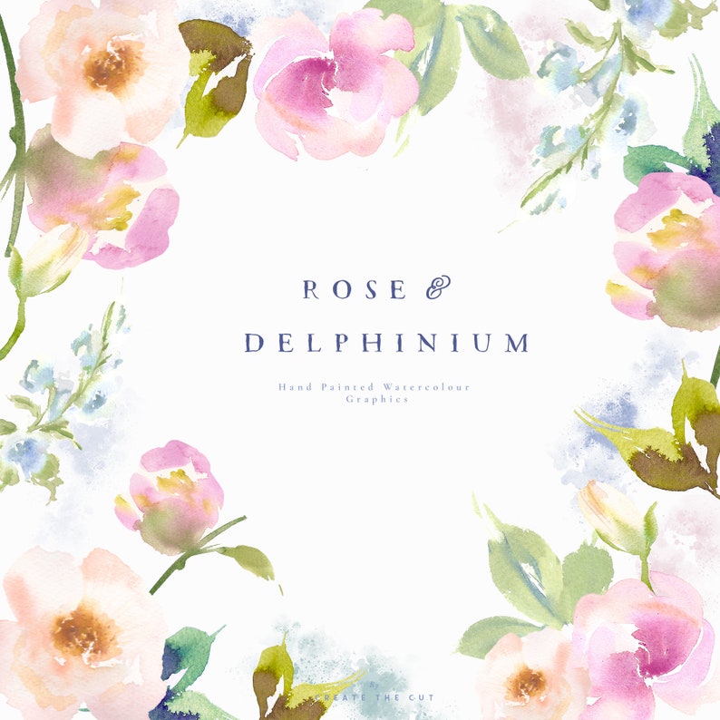 Rose /& Delphinium Hand Painted Watercolour Spring Flower Clipart