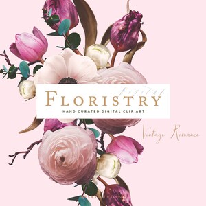 May include: A bouquet of pink, white, and purple flowers with green leaves. The flowers are arranged in a loose, natural style. The text "Digital Floristry" and "Hand Curated Digital Clip Art" is displayed on a white rectangle. The text "Vintage Romance" is written in cursive.