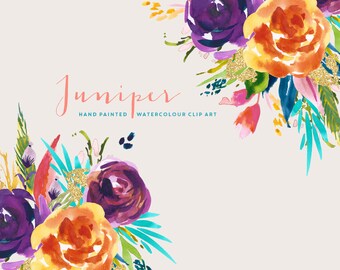 Juniper | Watercolour Flower Hand-Painted Clip Art | Golden Yellow Ranunculus | Mulberry Ranunculus | Yarrow | Create the Cut