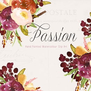 Passion | Watercolour Hand-Painted Clip Art | Pink and Chocolate Ranunculus | Purple Begonias | Chokeberries | Lavender |  Create the Cut