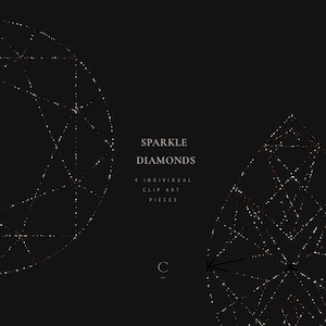 May include: Four black and gold glitter diamond shapes on a black background. The text "Sparkle Diamonds" and "4 Individual Clip Art Pieces" is written in white.