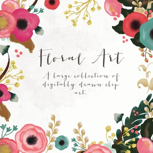May include: A digital illustration of a floral border with pink, red, and teal flowers. The text "Floral Art" is in the center of the image. The text below reads "A large collection of digitally drawn clip art."