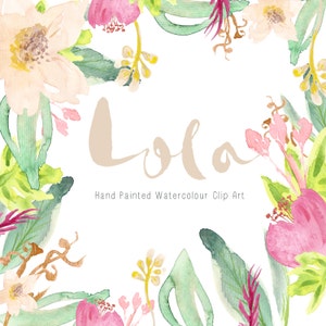 Lola | Watercolour Hand-Painted Clip Art | Pink Hibiscus | Lilac Bell Flowers | Feathered Leaves | Create the Cut