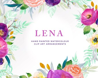 Lena | Hand-Painted Watercolour Floral Clip Art | Finished Floral Arrangements | Petunias | English Roses | Teal Foliage | Create the Cut