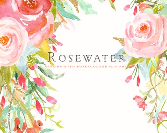 Rosewater | Watercolour Flower Clip Art Collection | Hand-Painted Graphics | Pink Cabbage Roses | Lilies | Poppies | Create the Cut