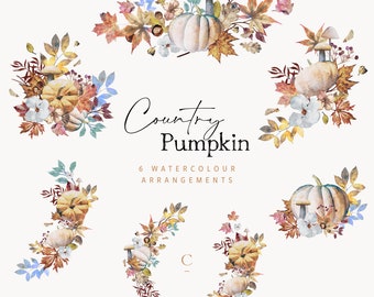 6 Autumn Watercolor Fall Clipart Arrangements, Watercolor Wreath, Country Pumpkin, Wedding Fall, Rusty Fall Leaves, Woodland png, Rustic