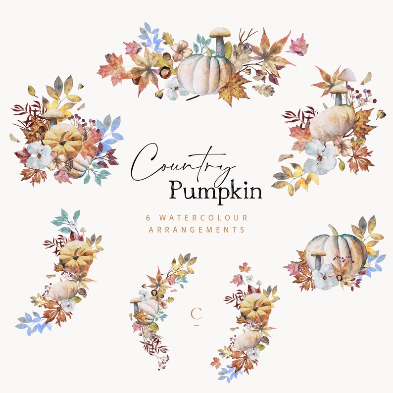Autumn Watercolor Fall Clipart Collection, Watercolor Wreath Arrangement, Country Pumpkin, Wedding Fall, Rusty Fall Leaves, Woodland png Art image 2