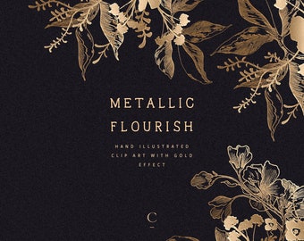 Golden Floral Clipart - Botanical Clip Art - Hand-Illustrated Gold Foil Effect Clip Art - Sublimation PNG - Line Art png - Metallic Flourish