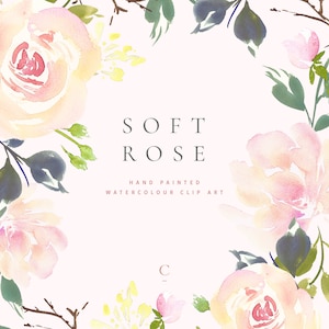 Soft Rose | Hand-Painted Watercolour Rose Clip Art | Pink and Peach Roses & Peonies | Pink Rosebuds | Yellow Lilac Buds | Create the Cut