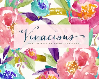 Vivacious | Watercolour Flower Clip Art | Chinese Peonies | Blue Lisianthus | Schefflera Leaves | Canna Leaves | Buds | Create the Cut