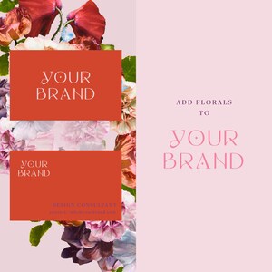 Pode incluir: Adicione flores &agrave; sua marca com este cart&atilde;o de visita de consultor de design. O cart&atilde;o apresenta um fundo vermelho com texto branco que diz "Your Brand". O cart&atilde;o &eacute; rodeado por um design floral com flores rosa, vermelhas e brancas.