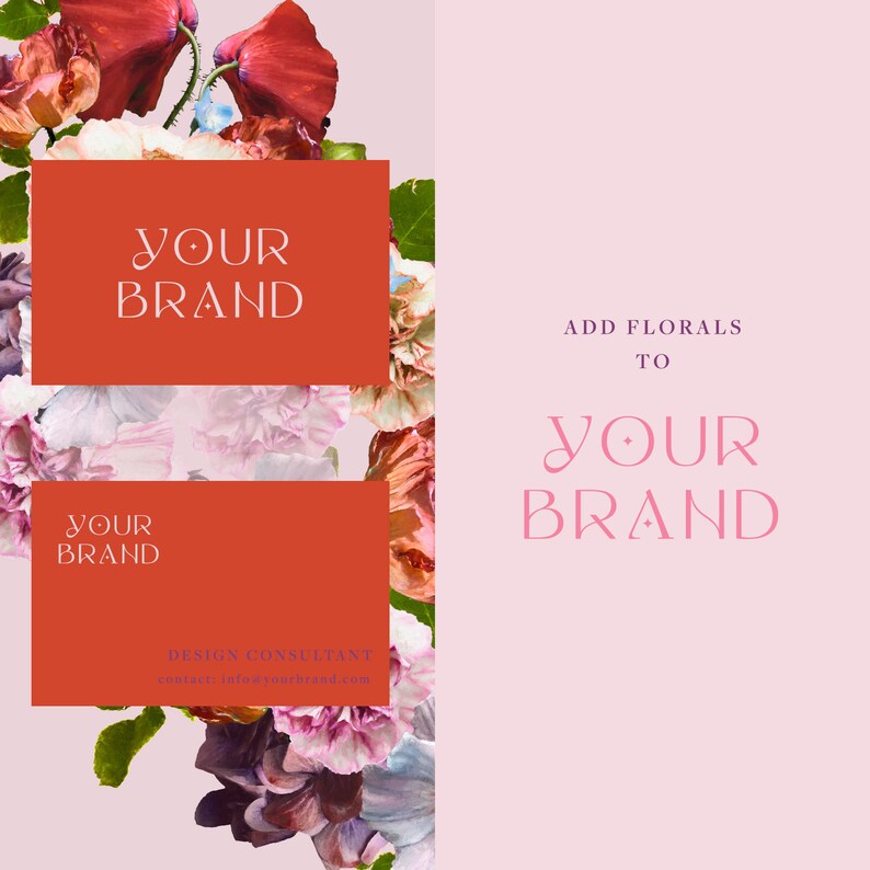 Pode incluir: Adicione flores &agrave; sua marca com este cart&atilde;o de visita de consultor de design. O cart&atilde;o apresenta um fundo vermelho com texto branco que diz "Your Brand". O cart&atilde;o &eacute; rodeado por um design floral com flores rosa, vermelhas e brancas.