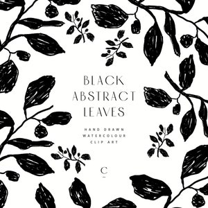 Op de afbeelding: Zwart-witte abstracte bladeren clip art. Handgetekend aquarel-illustratie met de tekst "BLACK ABSTRACT LEAVES" en "HAND DRAWN WATERCOLOUR CLIP ART".