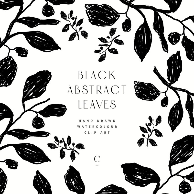 Op de afbeelding: Zwart-witte abstracte bladeren clip art. Handgetekend aquarel-illustratie met de tekst "BLACK ABSTRACT LEAVES" en "HAND DRAWN WATERCOLOUR CLIP ART".
