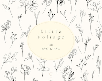 May include: A set of 38 black and white line art floral and foliage illustrations. The illustrations are simple and elegant, and they would be perfect for adding a touch of nature to any project. The text "Little Foliage" and "38 SVG & PNG" is included in the image.