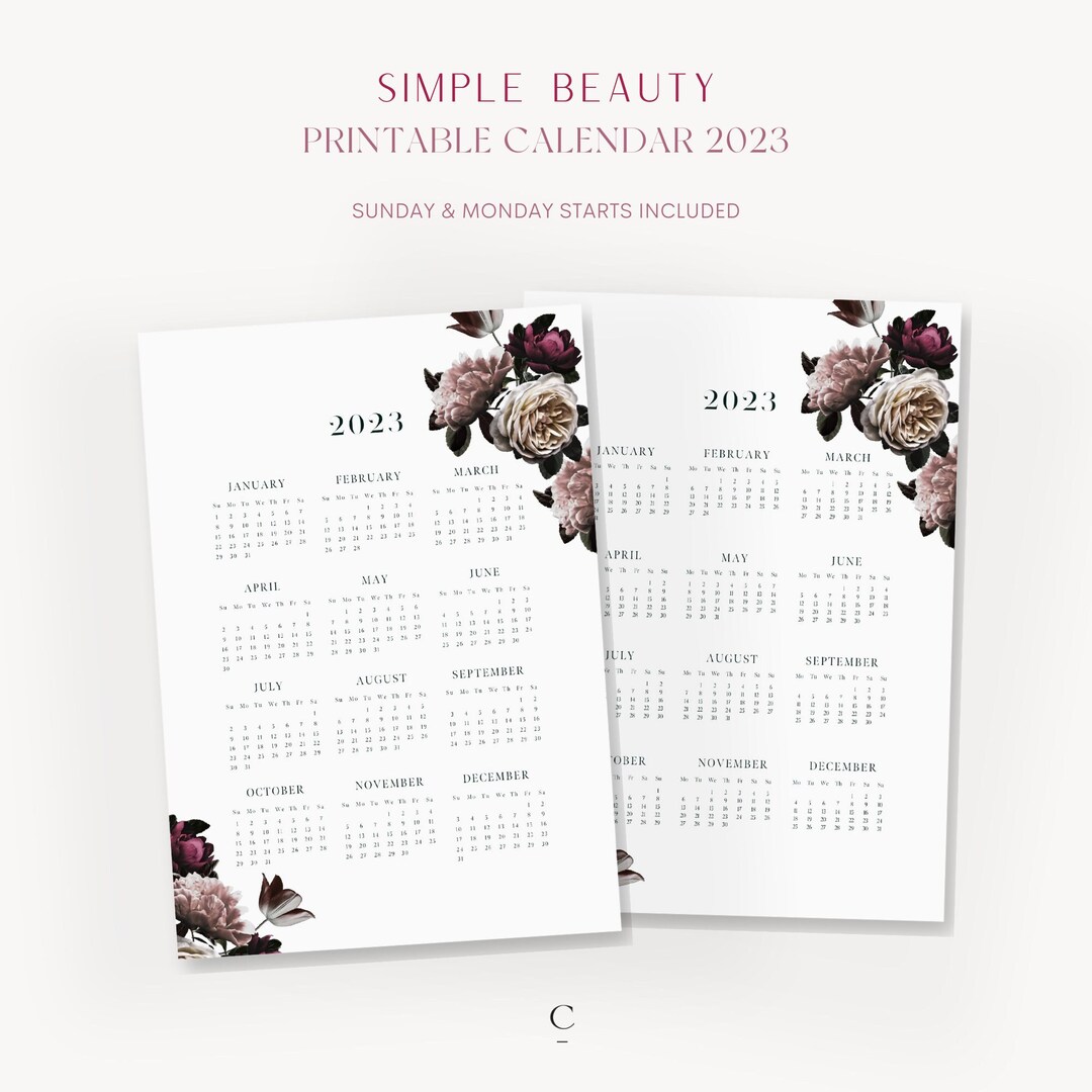 yearly-printable-calendar-2023-simple-beauty-flower-printable-etsy