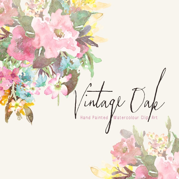 Vintage Oak | Watercolour Floral Collection | Hand-Painted Clip Art | Hibiscus | Cornflowers | Anemones | Yellow Dahlias | Create the Cut