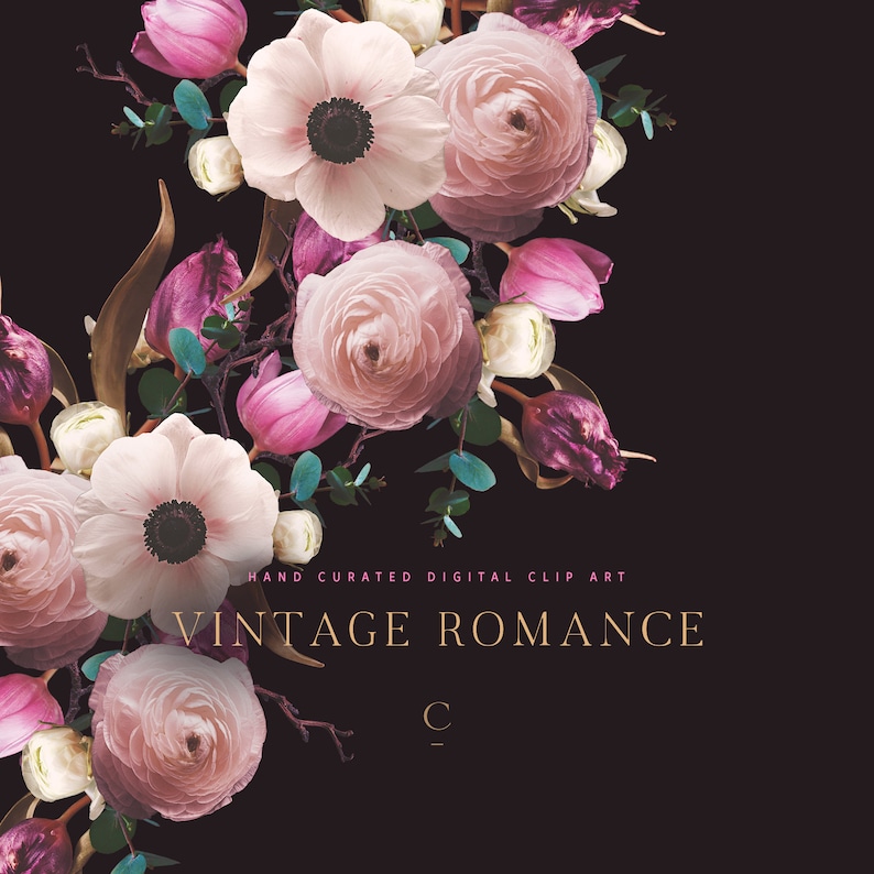 May include: A bouquet of pink, white, and purple flowers with green leaves. The flowers are arranged in a cascading pattern. The text "HAND CURATED DIGITAL CLIP ART VINTAGE ROMANCE" is at the bottom of the image.