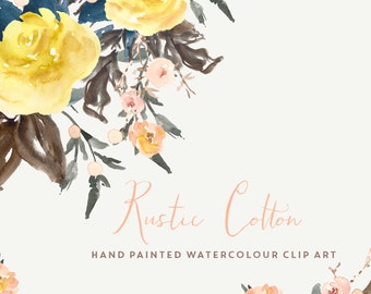 Rustic Cotton | Watercolour Hand-Painted Clip Art | Yellow English Roses | Dwarf Polyantha | Leaves | Hypericum Berries | Create the Cut