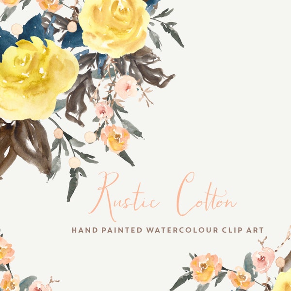 Rustic Cotton | Watercolour Hand-Painted Clip Art | Yellow English Roses | Dwarf Polyantha | Leaves | Hypericum Berries | Create the Cut