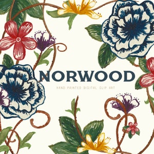 May include: Hand-painted digital clip art featuring a floral design with blue, red, yellow, and purple flowers. The text "NORWOOD" is in the center of the image.