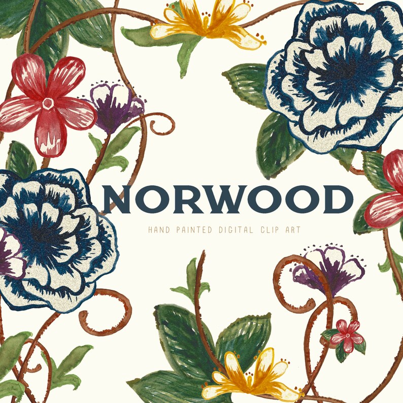 May include: Hand-painted digital clip art featuring a floral design with blue, red, yellow, and purple flowers. The text "NORWOOD" is in the center of the image.