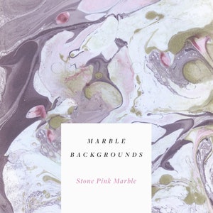 以下が含まれることがあります： ピンク、グレー、グリーンの色の抽象的な大理石の背景。テキスト「MARBLE BACKGROUNDS Stone Pink Marble」は白い長方形に表示されています。