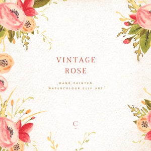 Clipart floral pintado à mão em aquarela - Clipart vintage - Flor aquarela + Banner quadro-negro - Download digital - PNG - Rosa vintage