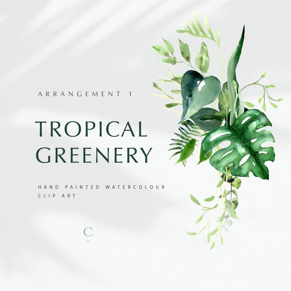 Watercolor Tropical Greenery png, Watercolor Arrangement, Watercolor Monstera Bouquet Clipart, Wedding Greenery, Botanical, Arrangement 1