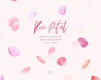 May include: A digital illustration of pink and red watercolor rose petals scattered on a white background. The text "Rose Petal" is written in pink cursive font with the words "Hand Painted Watercolor Clip Art" below it.