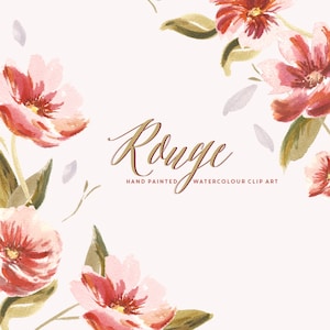 Rouge | Aquarell Blume Handgemalt Clip Art | Picotee Cosmos | Dunkelgrüne Lorbeerblätter | Erstellen Sie den Schnitt