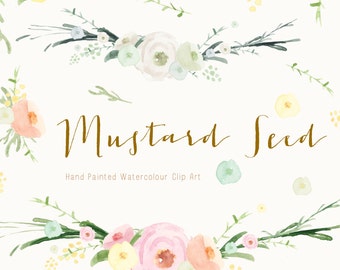 Mustard Seed | Watercolour Flowers | Hand-Painted Clip Art | Pink & White Begonias | Pale Blue Orchids | Mustard Seeds | Create the Cut