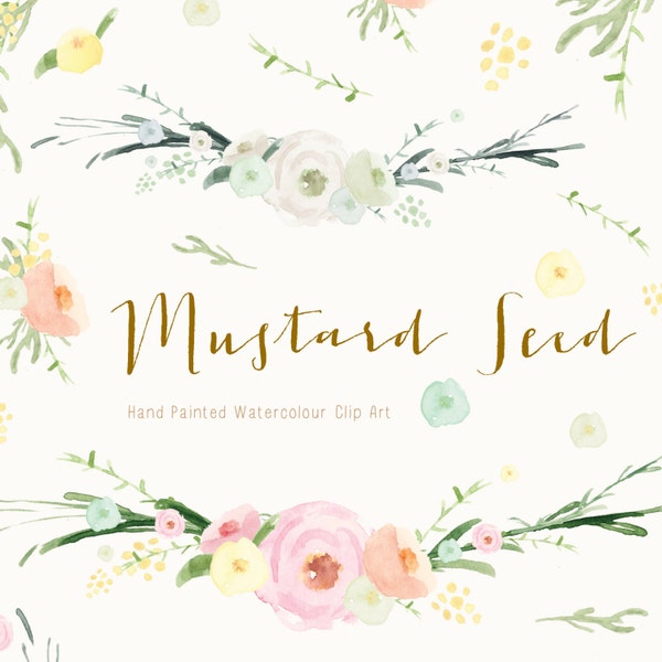 Mustard Seed | Watercolour Flowers | Hand-Painted Clip Art | Pink & White Begonias | Pale Blue Orchids | Mustard Seeds | Create the Cut