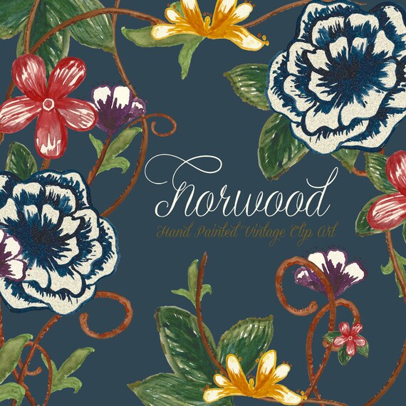 Norwood | Vintage Hand-Painted Watercolour Clip Art | Navy & White Carnations | Lilies | Dahlias | Vines | DIY Invites | Create the Cut