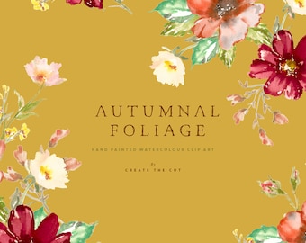 Fall Hand Painted Watercolor Clipart, Watercolor Floral Clip Art, Fall Wildflower Clipart, Rustic Autumn Clipart - Autumnal Foliage