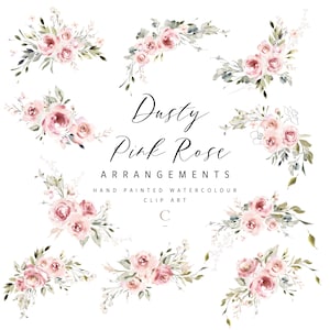 Collection de cliparts floraux aquarelle - 10 arrangements élégants de roses roses poussiéreuses pour les invitations de mariage, les cartes et plus encore ! Fichiers numériques haute résolution