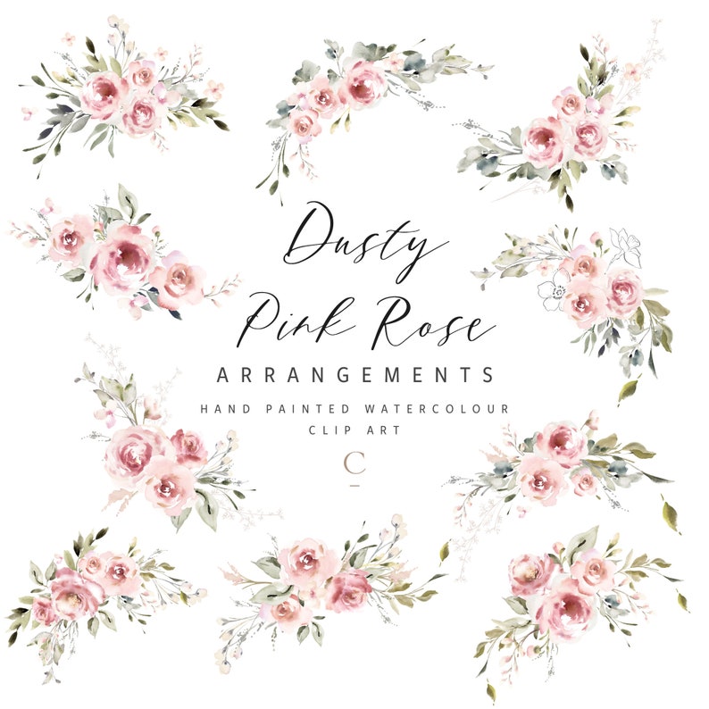 Watercolor Floral Clipart Collection 10 Elegant Dusty Pink Rose Arrangements for Wedding Invites, Cards & More High-Res Digital Files image 1