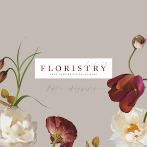 May include: Digital floral clip art with the text "FLORISTRY" and "HAND CURATED DIGITAL CLIP ART". The image features a variety of flowers in shades of white, red, and brown.