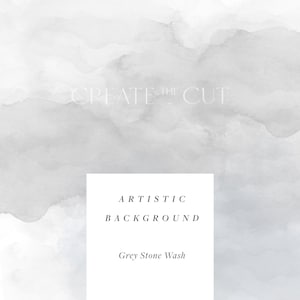 Op de afbeelding: Artistieke achtergrond met een grijs stenenwas-effect. De tekst "CREATE THE CUT" staat bovenaan de afbeelding en de tekst "ARTISTIC BACKGROUND" en "Grey Stone Wash" staan in het midden van de afbeelding.