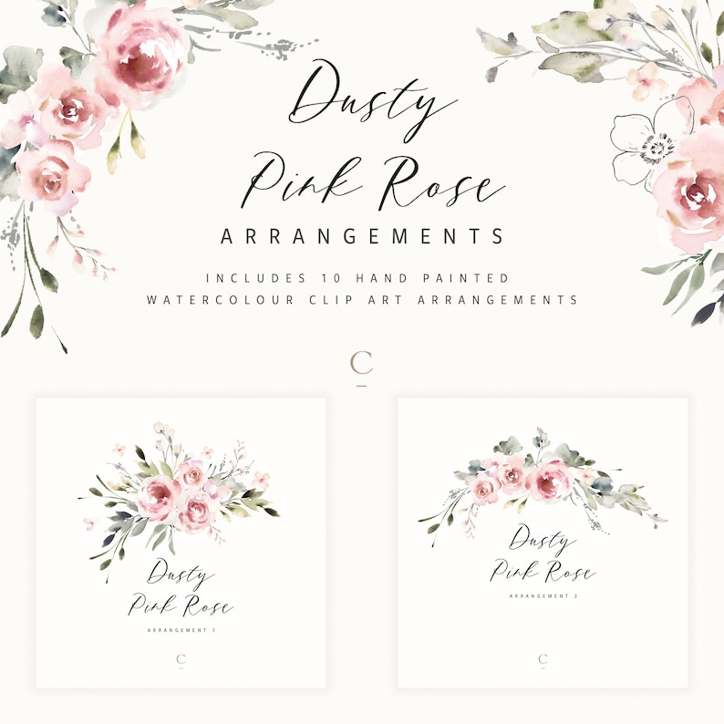 Watercolor Floral Clipart Collection 10 Elegant Dusty Pink Rose Arrangements for Wedding Invites, Cards & More High-Res Digital Files image 2