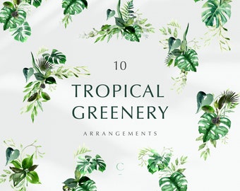 Tropical Greenery Collection, Watercolor Greenery, Watercolor Wreath Clipart, 10 Clipart Arrangements, Wedding Greenery, png, Palm Leaves