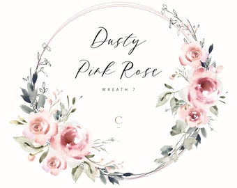 Romantic Dusty Rose Botanical Wreath Clipart: Add a Touch of Elegance to Your Designs. Commercial Use Floral Watercolour PNG Clipart, W7